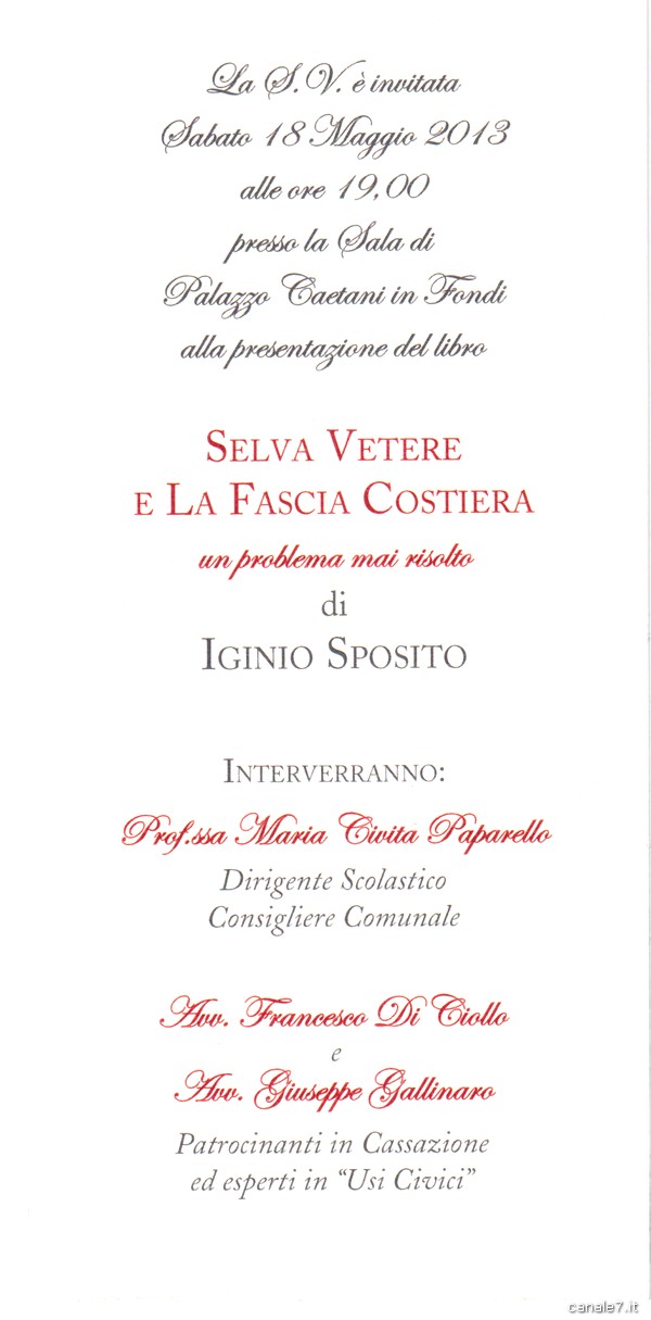 “Selva Vetere e la fascia costiera. Un problema mai risolto” di Iginio Sposito. La presentazione a Fondi