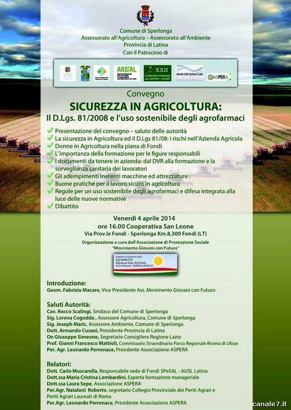 Convegno sulla “SICUREZZA IN AGRICOLTURA”, domani 4 aprile