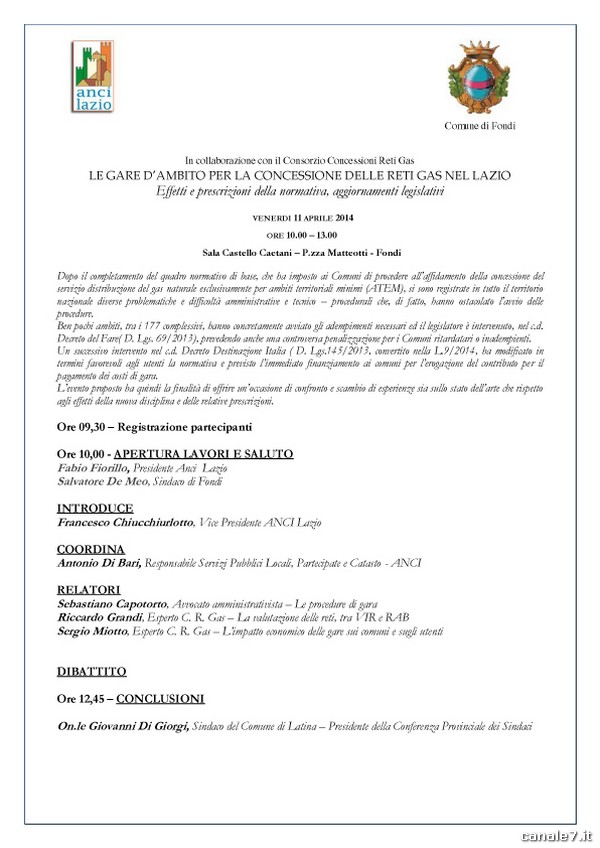 Workshop ANCI “Le gare d’ambito per la concessione delle reti gas nel Lazio”: Venerdì 11 Aprile 2014, ore 9.30 – Castello Caetani