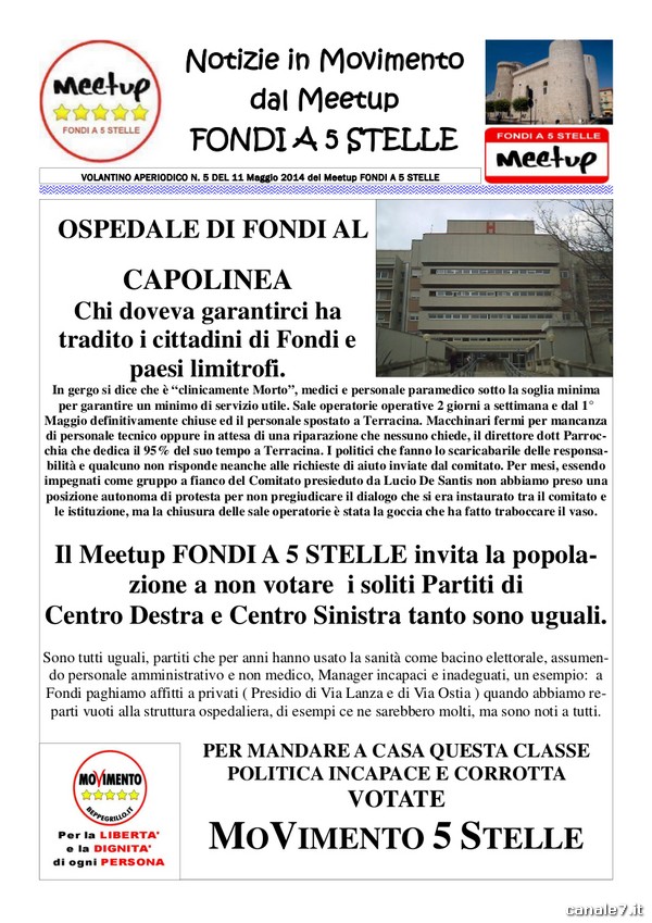 Ospedale di Fondi, il volantino di protesta dei 5 Stelle