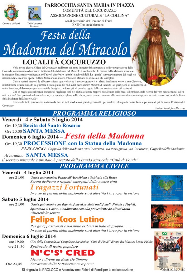 Enogastronomia, musica, divertimento alla “Festa della Madonna del Miracolo” del Cocuruzzo