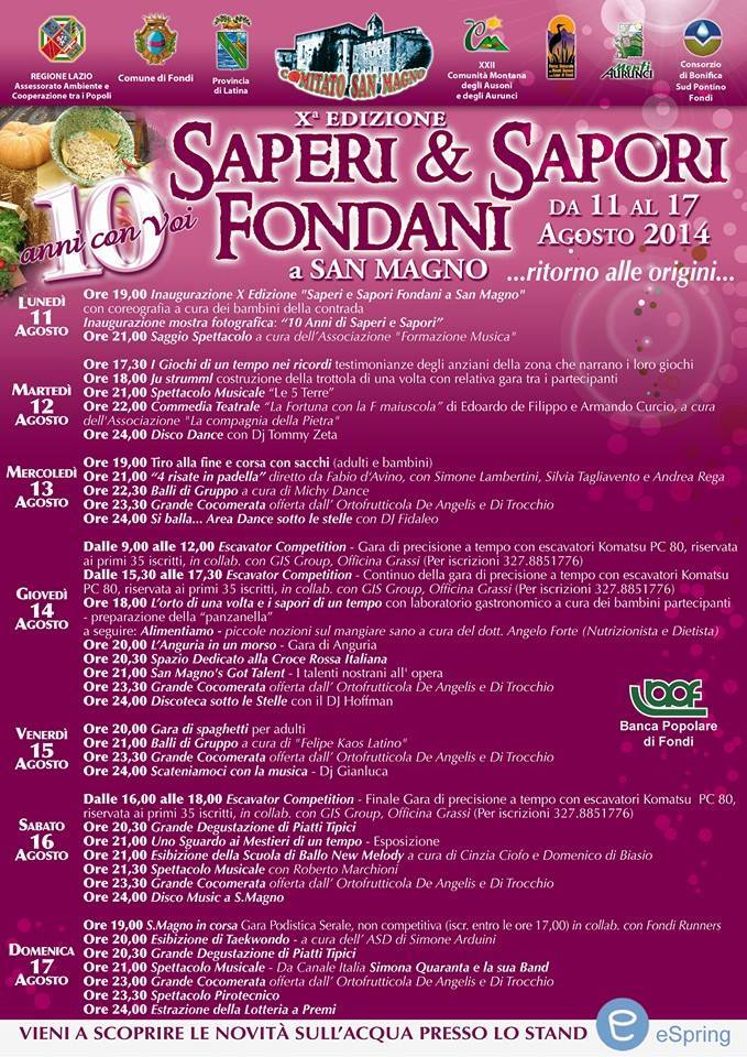 X edizione “Saperi & Sapori Fondani a San Magno”: dall’11 al 17 Agosto 2014 nella Villa Demetriana