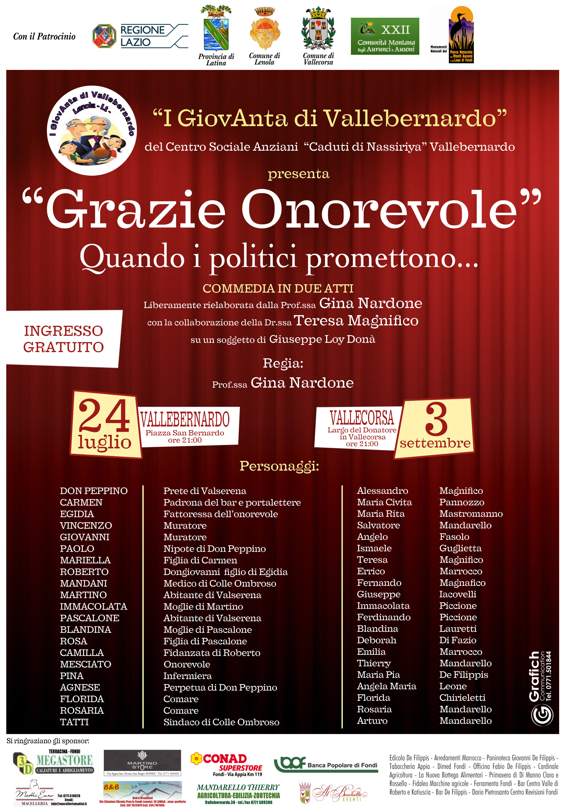 Locandina ''Grazie Onorevole'' - commedia 2016 Centro Sociale Anziani Vallebernardo Lenola