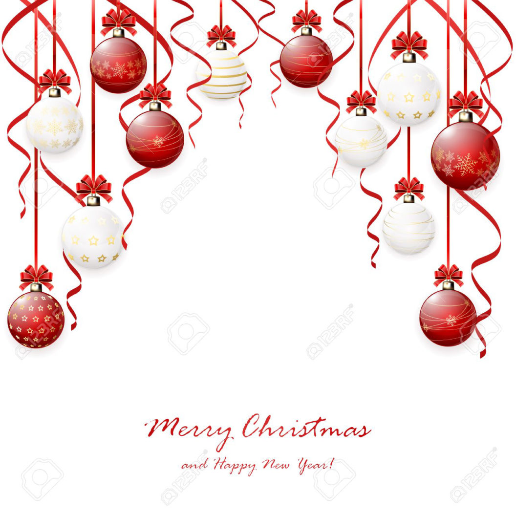 Red hanging Christmas balls and tinsel on white background, illustration.