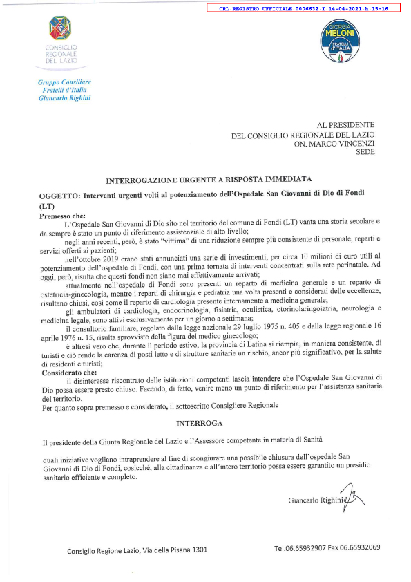 Righini - Interrogazione Ospedale di Fondi